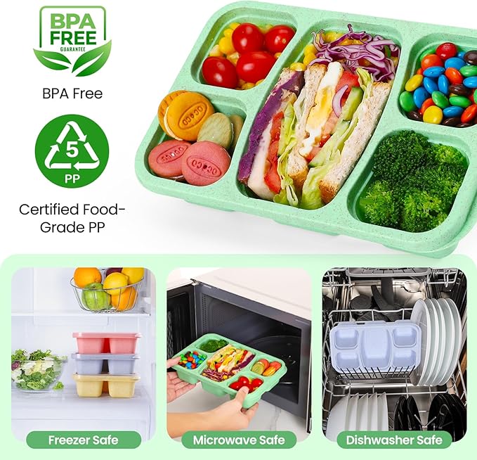 Bento Box Adult Lunch Containers 4 Pack, 5 Compartment Reusable Lunchable Containers for Kids, Stackable Snack Box With XXL Space for Sandwiches,Meal Prep for School Travel