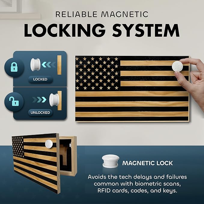 American Flag Hidden Gun Safe - Quick Access Hidden Gun Shelf - Concealment Shelf with Magnetic Lock - Wall Gun Safe for Secure Firearm Storage - Handcrafted In USA by Bellewood Designs (Black)