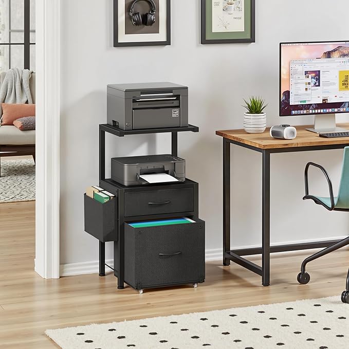 2-Drawer File Cabinet, Filing Cabinet with 2-Tier Printer Shelves, Office Cabinets with Side Bag&File Drawer for A4/Letter Size, Printer Stand with Storage for Home Office, Black, 16.5" W