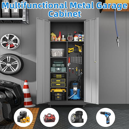 Garage Storage Cabinet with 4 Wheels,Lockable Tool Cabinets with Pegboard and 4 Adjustable Shelves,71" H Broom Closet Cabinets for Utility Room,Workshop