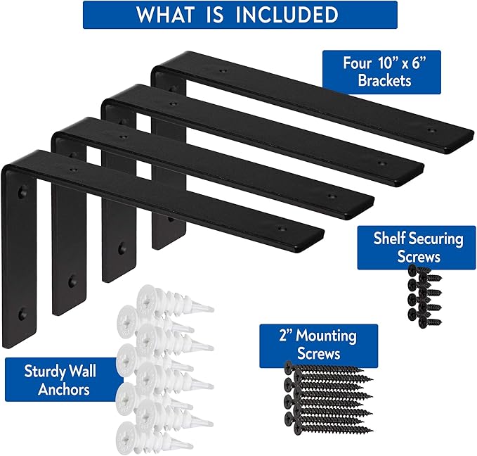 Heavy-Duty Shelf Brackets - Premium Construction Grade 1/4" (6mm) Thick Steel - Matte Black Iron Finish for Modern Farmhouse Rustic Open Shelving w/ Hardware, 4-Pack (L Bracket 10" x 6")