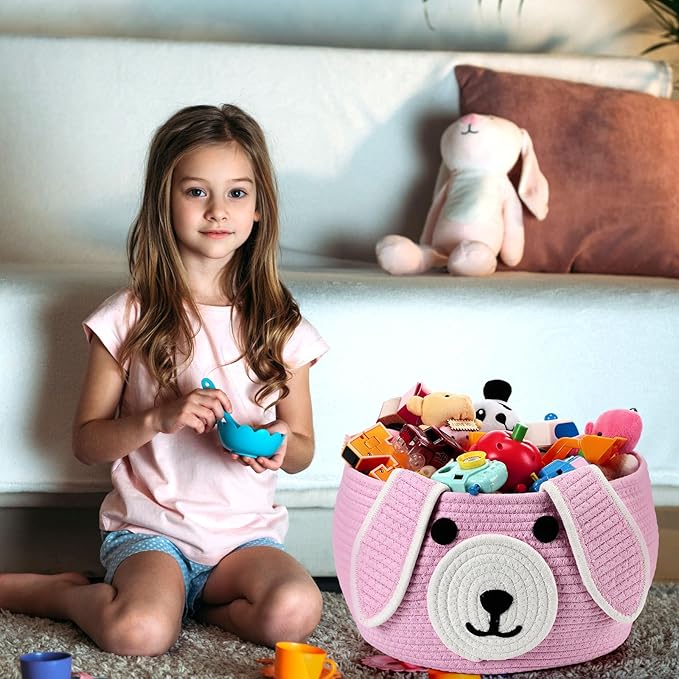 Zopeal Dog Woven Basket Cute Woven Cotton Rope Puppy Animal Storage Basket for Laundry Toy Gift(Pink,13 x 8 Inch)