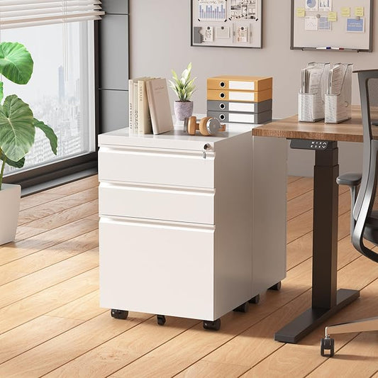 Greenvelly 3-Drawer Mobile File Cabinet with Locking Drawers & Wheels, No Assembly Required White Rolling Metal Filing Cabinet for Home Office, Lockable File Organizer Under Desk or Letter/Legal Files