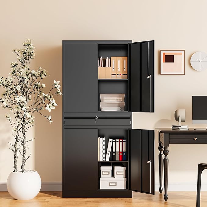 Metal Garage Storage Cabinet, 71" Lockable Storage Cabinet with 2 Adjustable Shelves and 1 Drawer for Garage, Utility Room, Warehouse (Black)