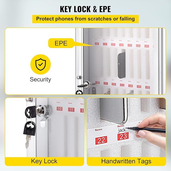VEVOR 36-Slot Cell Phone Locker – Silver Aluminum with Key Lock Portable Handle, Handwritten Tags, and Wall-Mount for Offices, Classrooms, Gyms