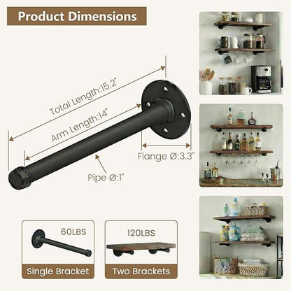 Industrial Black Iron Pipe Shelf Brackets Wall Mount DIY Shelving Brackets Pipe Decor Wall Rustic Garment Rack Hardware Included, 14 Inch Set of 8