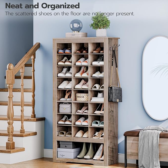 HOOBRO Tall Shoe Cabinet, 9 Tier Shoe Storage Cabinet, Freestanding Wooden Shoe Cabinet Organizer with 24 Cubbies and 3 Hooks, for Entryway, Closet, Living Room, Greige BG24SC01