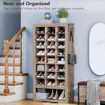 HOOBRO Tall Shoe Cabinet, 9 Tier Shoe Storage Cabinet, Freestanding Wooden Shoe Cabinet Organizer with 24 Cubbies and 3 Hooks, for Entryway, Closet, Living Room, Greige BG24SC01
