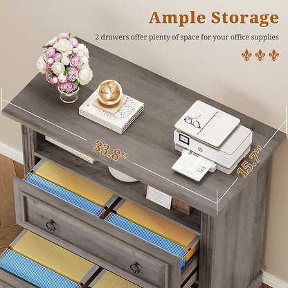 Itaar 2 Drawer File Cabinet, Farmhouse Filing Cabinet for Home Office Fits Letter, Legal, A4 Size, Wood Lateral File Cabinet with Printer Stand, Storage Shelf, Grey
