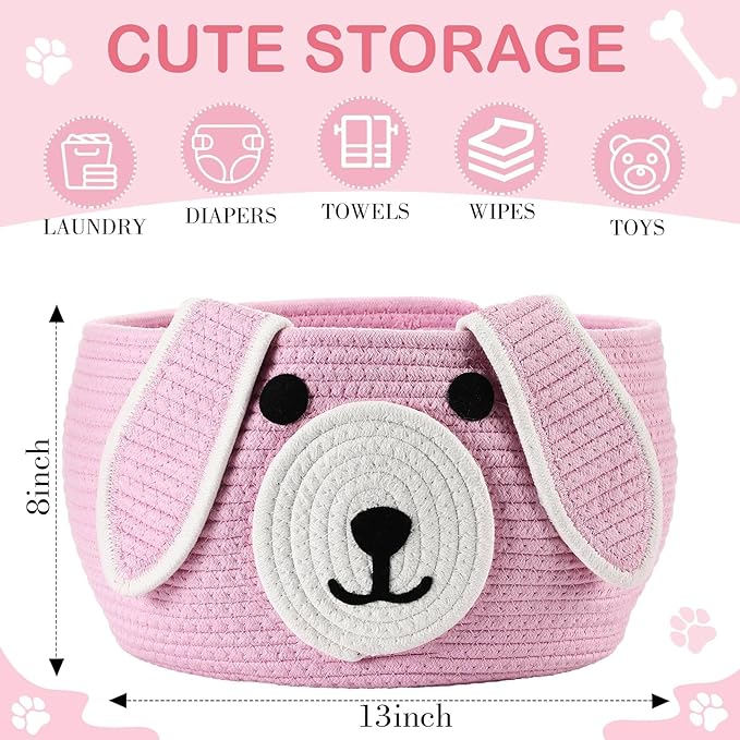 Zopeal Dog Woven Basket Cute Woven Cotton Rope Puppy Animal Storage Basket for Laundry Toy Gift(Pink,13 x 8 Inch)