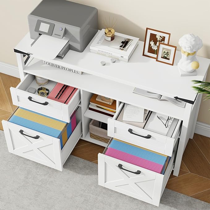 Farmhouse Filing Cabinet with Adjustable Shelf for Home Office, Lateral File Cabinets 4 Drawers with Open Storage Shelf, Filing Organization Storage Cabinets for Hanging Files Letter/A4.(White)