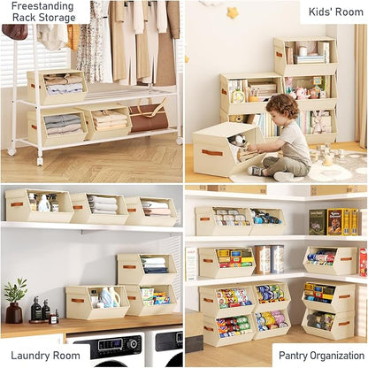 Stackable Closet Organizers and Storage Bins, Open Front Closet Shelf Organizer System With Steel Frame, Clothes Storage Basket Fabric, Collapsible Closet Drawers for Wardrobe, Nursery ,Toy, 4 Pack