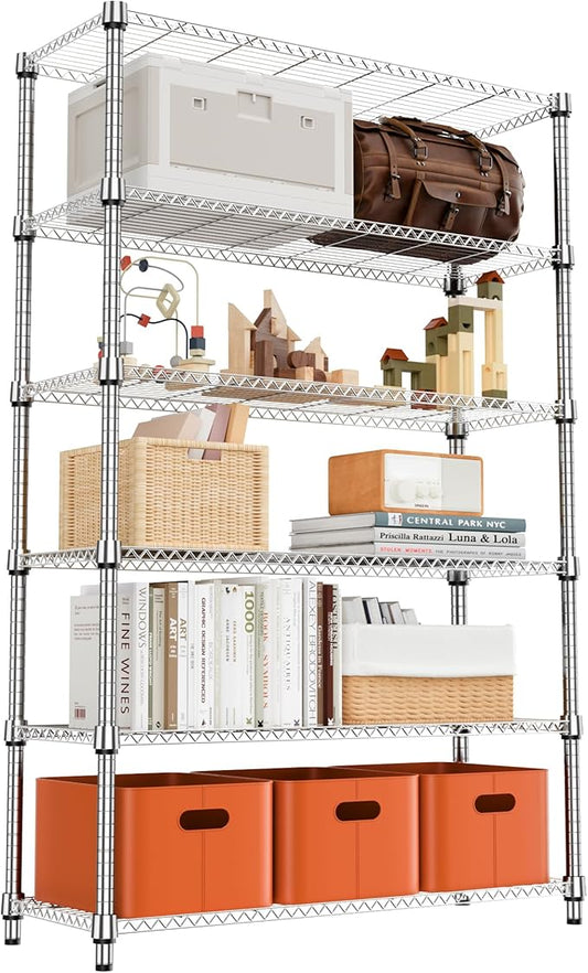 2100LBS 47.2" W 6 Tiers Shelf Storage Shelves Metal Shelving Unit Heavy Duty Garage Shelving Adjustable Wire Shelves for Pantry,Kitchen,Garage,Basement,Chrome 17.7" D x 47.2" W x 82.4" H