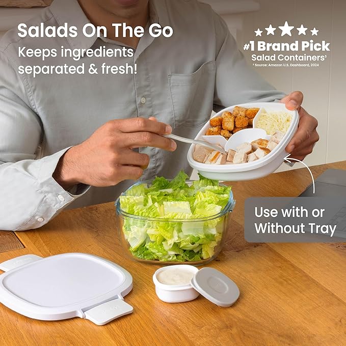 Bentgo Glass Salad Container - 7.6-Cup Salad Bowl with Airtight Lid, Leak-Proof Sauce Container, 4-Compartment Bento Tray & Reusable Fork - BPA-Free for Meal Prep, Office & More (White)