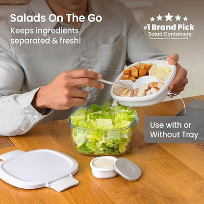 Bentgo Glass Salad Container - 7.6-Cup Salad Bowl with Airtight Lid, Leak-Proof Sauce Container, 4-Compartment Bento Tray & Reusable Fork - BPA-Free for Meal Prep, Office & More (White)
