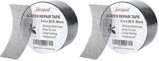 Black Window Screen Repair Tape, 2 in X 30 FT (360IN) Screen Repair Kit for Windows or Doors, Strong Adhesive Fiberglass Mesh Patch Tape (Pack of 2)