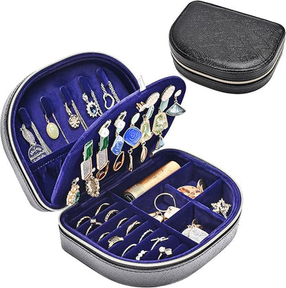 ProCase Travel Size Jewelry Box, Medium Portable Seashell-Shaped Jewelry Case, 2 Layer Mini Jewelry Organizer in PU Leather for Women -Glossy Black