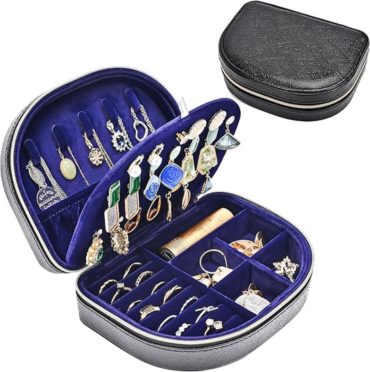 ProCase Travel Size Jewelry Box, Medium Portable Seashell-Shaped Jewelry Case, 2 Layer Mini Jewelry Organizer in PU Leather for Women -Glossy Black