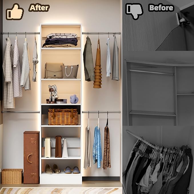 Closet System, 4Ft-9Ft Closet Organizer System With Adjustable Shelves, Walk-In Closet Storage System With 5 Expandable Hanging Rods, Adjustable Cloth Garment Rack from 4 to 9FT, White