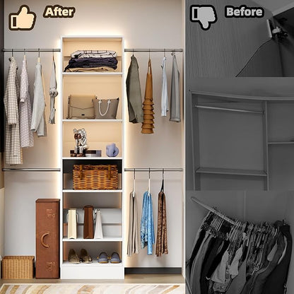 Closet System, 4Ft-9Ft Closet Organizer System With Adjustable Shelves, Walk-In Closet Storage System With 5 Expandable Hanging Rods, Adjustable Cloth Garment Rack from 4 to 9FT, White
