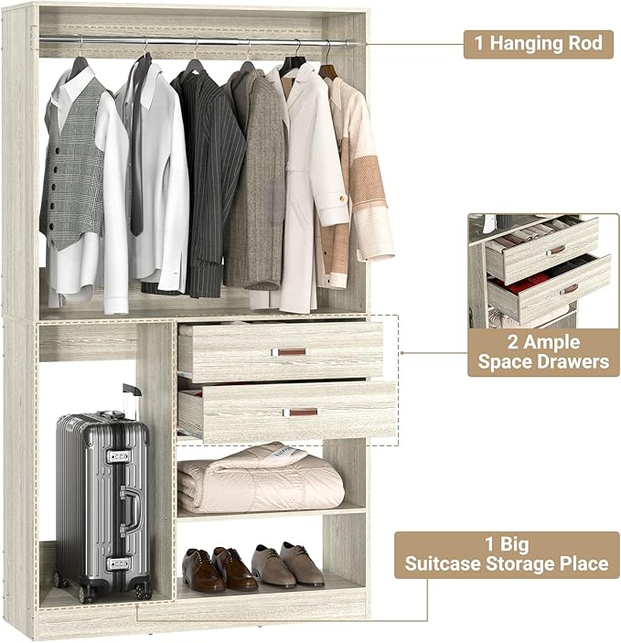 Armocity Freestanding Closet System with Suitcase Storage, 40 Inches Stand-alone Wardrobe with 2 Wood Drawers, 80'' Height Adjustable Cloth Garment Rack, Walk-in Closet with Hanging Rod, White Oak