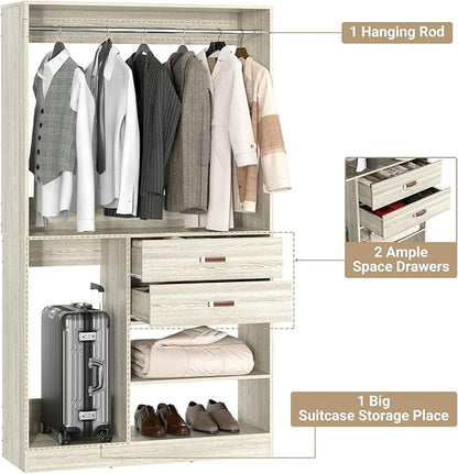 Armocity Freestanding Closet System with Suitcase Storage, 40 Inches Stand-alone Wardrobe with 2 Wood Drawers, 80'' Height Adjustable Cloth Garment Rack, Walk-in Closet with Hanging Rod, White Oak