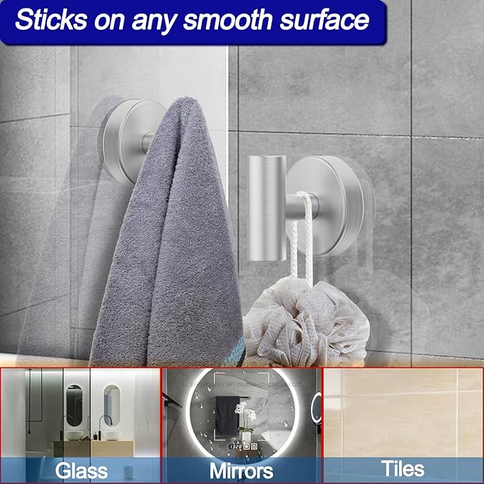 Suction Cup Hooks, Shower Hooks for Inside Shower – Removable Towel Hooks for Bathroom Window Glass Mirror Tile, Bath Robe Looafh Hook for Hanging – Waterproof & Rustproof, Silver(2 Pack)