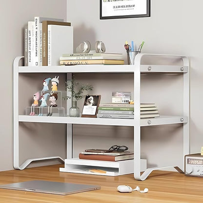 Hbluefat Metal Desktop Shelf Organizer, Small Desk Bookshelf for Home Office, Table Top Storage Shelf, Multipurpose Metal Desk Organizer for Books, Office Supplies, Home Decor (White, 2 Tier)