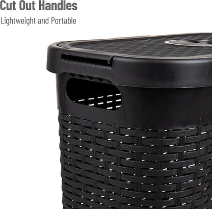 Mind Reader Slim Laundry Hamper with Lid, 40L Clothes Basket, Premium Wicker Design, Plastic, Black