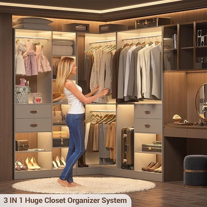 Armocity Freestanding Closet System with 3 Sets, 110'' Reversible Stand-alone Wardrobe, 80'' Height Cloth Garment Organizer, Walk-in Closet with Hanging Rod, 71"L x 71"W x 80"H, Load 2500 LBS, Grey