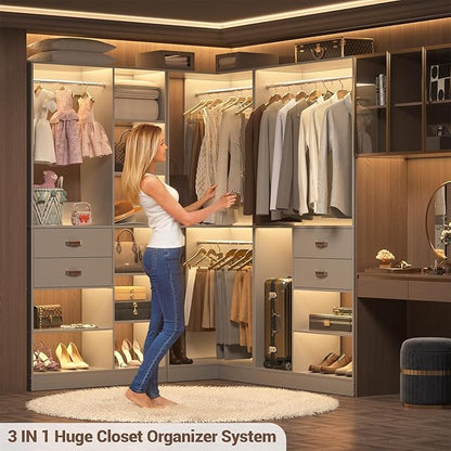 Armocity Freestanding Closet System with 3 Sets, 110'' Reversible Stand-alone Wardrobe, 80'' Height Cloth Garment Organizer, Walk-in Closet with Hanging Rod, 71"L x 71"W x 80"H, Load 2500 LBS, Grey
