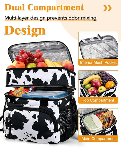 Insulated Lunch Bag for Women, Double Leakproof Lunch Box Soft Cooler Tote with 5 Pockets, 600D Oxford, EVA Lining, Adjustable Strap for Work, Picnic, Beach&Travel-Cow Print