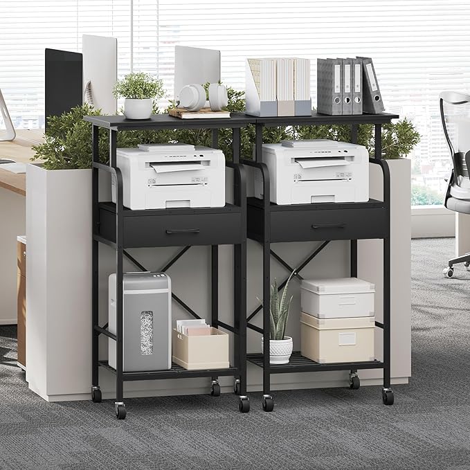 Tall Printer Stand, 3 Tier Printer Cart with Storage, Industrial Printer Table on Wheels, Adjustable Shelf & Fabric Drawer, for Home Office Study Black PTBK5501