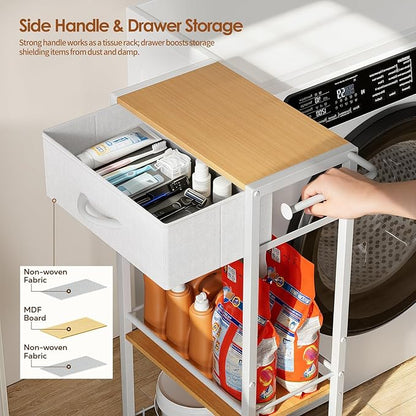 Lewondr Rolling Storage Cart with Drawers, 3-Tier Laundry Room Shelves, Sturdy Bathroom Organizer Shelf with Wood Top, Rolling Drawer Cart with Handle and Wheels for Kitchen, Office, Classroom, White