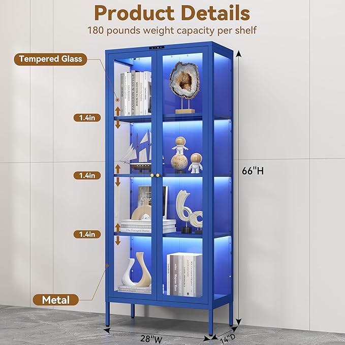 Glass Display Cabinet with Glass Doors, Metal Curio Cabinet with 8-Color LED Lights, 66 Inch Tall Display Case for Collectibles, Blue Storage Cabinet for Living Room, Assembly Required