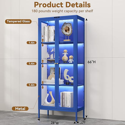 Glass Display Cabinet with Glass Doors, Metal Curio Cabinet with 8-Color LED Lights, 66 Inch Tall Display Case for Collectibles, Blue Storage Cabinet for Living Room, Assembly Required