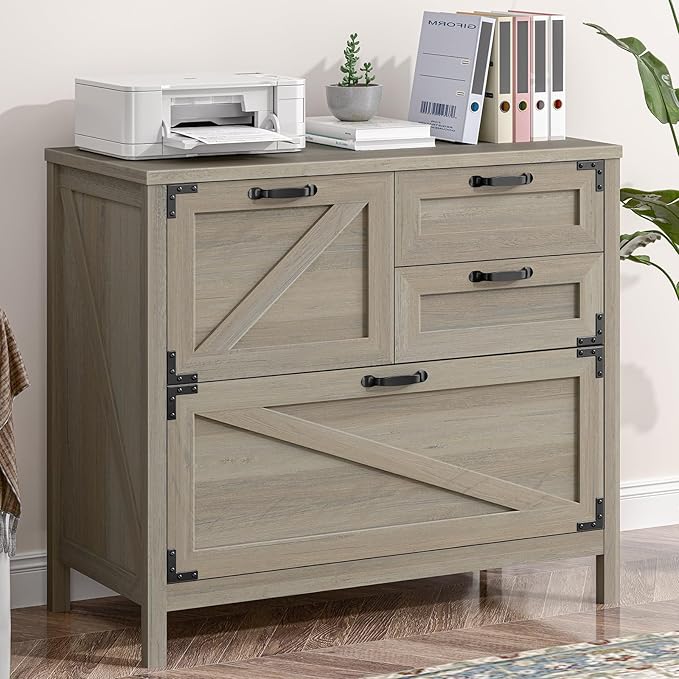 Wood Lateral File Cabinet with 4-Drawer for Hanging Files Letter/A4/Legal Size, Large Farmhouse Filing Cabinets for Home Office, Printer Stand with Office Cabinet, Office Furniture, Rustic Grey
