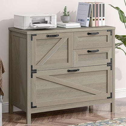 Wood Lateral File Cabinet with 4-Drawer for Hanging Files Letter/A4/Legal Size, Large Farmhouse Filing Cabinets for Home Office, Printer Stand with Office Cabinet, Office Furniture, Rustic Grey