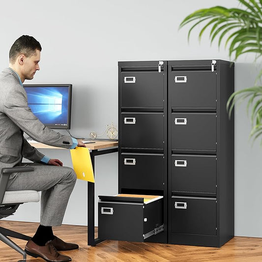 SISESOL 4 Drawer File Cabinet with Lock and Tag,Black Vertical File Cabinet,Narrow Locking Filing Cabinets with Drawers,Metal Filing Storage for Home Office Fit A4 Legal/Letter Size