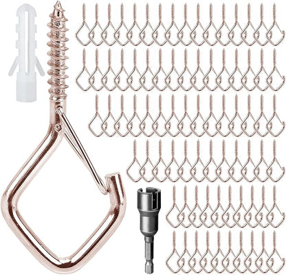 80 Pcs Outdoor Hooks for String Lights,Screw Hooks for Hanging Plants,Ceiling Hooks with Safety Buckle,Square Hanger for Wind Chimes,Bird Feeder,Lanterns,Christmas Decorations Rose Gold