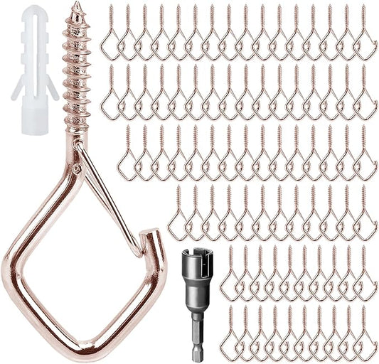 80 Pcs Outdoor Hooks for String Lights,Screw Hooks for Hanging Plants,Ceiling Hooks with Safety Buckle,Square Hanger for Wind Chimes,Bird Feeder,Lanterns,Christmas Decorations Rose Gold