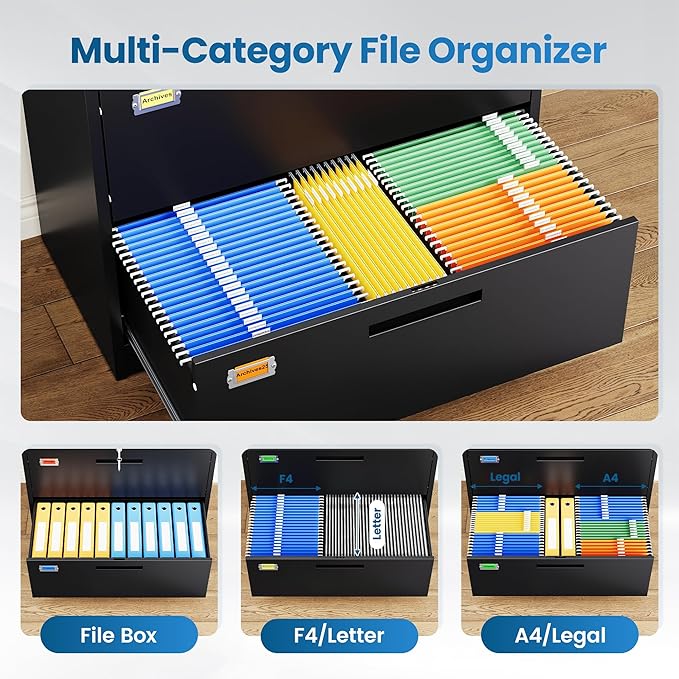 5 Drawer File Cabinet, Lateral Filing Cabinets for Home Office, Office Storage Drawers with Lock, Hanging Files Legal/Letter A4 Size (Assemble Required,Black)