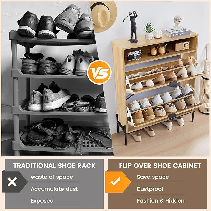Fluted Shoe Cabinet with 2 Flip Drawers, Narrow Shoes Storage Organizer Rack with Circle Design Panel for Entryway Hallway (Natural)