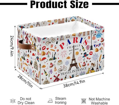 Paris Themed Storage Basket - Eiffel Tower Print Collapsible Bin with Handles - Eiffel Tower Toy Bins - Eiffel Tower Pattern Storages Bin for Kids Clothes, Gifts, Books