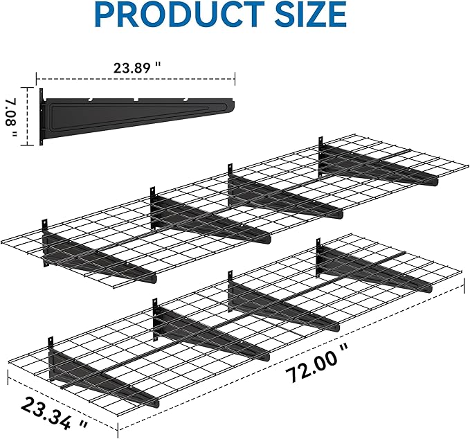 2-Pack 2x6ft Garage Wall Shelving, 24"x72" Shelf Storage Rack Floating Shelves Wall Mounted, Heavy Duty Storage Shelves, 800lbs Load Capacity, with 16 Hooks for Garage Organization, Black