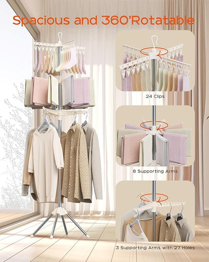 Clothes Drying Rack Foldable, 79.5 inch 3 Tier Laundry Drying Rack with Rotating Clothes Rail for 27 Pieces of Clothes and 24 Clips for Hanging Socks,Space Saving, White and Silver CDR003W01