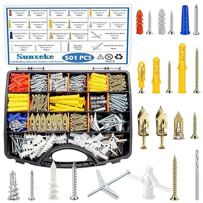 501PCS Drywall Anchors and Toggle Bolts with Screws Kit, 250PCS Dry Wall Anchors and 250PCS Expansion Screws (2025 Upgraded),11 Sizes Sheetrock Anchors Screws Kit for Wall Art Decor
