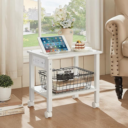 2 Tier Under Desk Printer Stand with Storage, Small Printer Table with Charging Station, Rolling Printer Cart Shelf with Lockable Wheels for Home, Office (White)