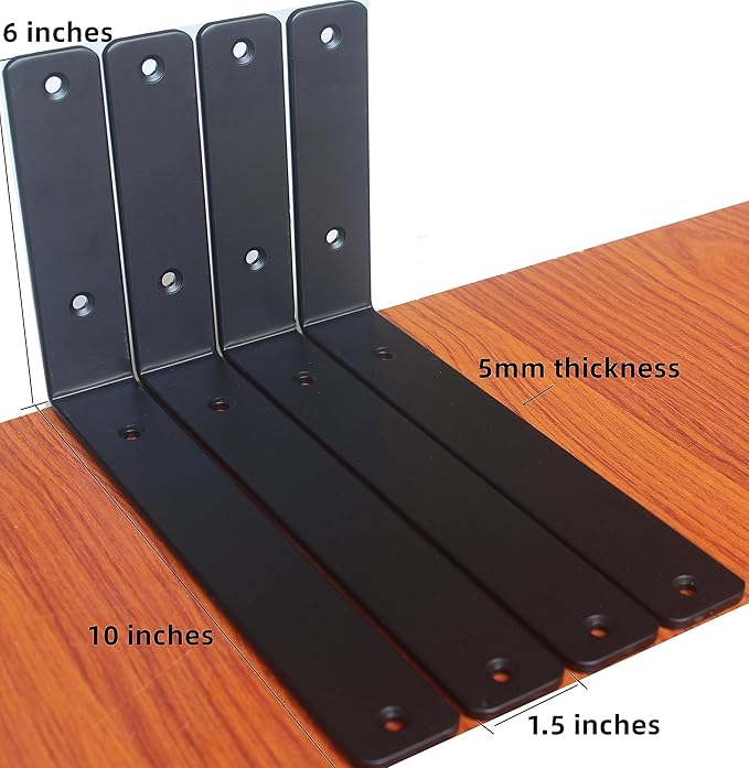 10 Pack - L 10" x H 6" x W1.5, 5mm Thick Black L Shelf Bracket, Iron Shelf Brackets, Metal Shelf Brackets, Floating Shelf, Shelf Supports with Screws