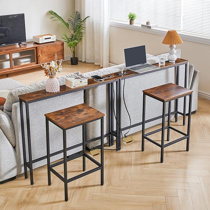 IBUYKE 2 Pack Console Table Narrow Long Sofa Table with Power Outlets USB Ports,Industrial Wooden Entry Table with Charge Station with Extension Cord,for Entryway Living Room Hallway Brown,TMJ061H-2